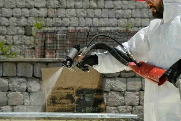 Installer in protective gear spraying foam onto a masonry wall
