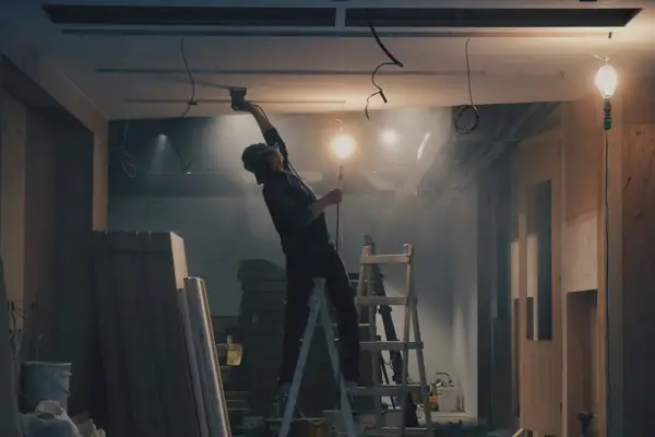 Worker on a ladder fitting a ceiling during a renovation