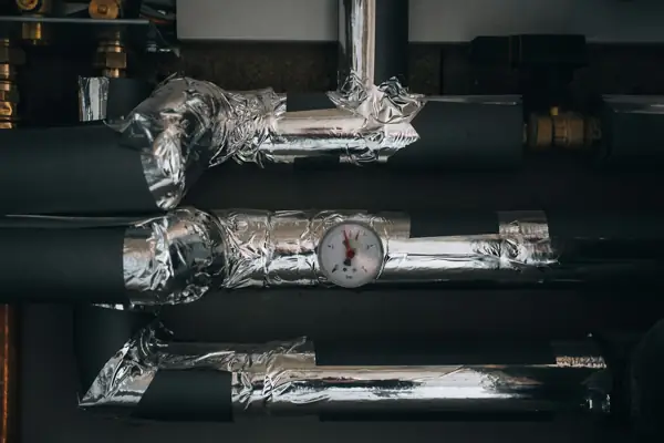 Foil-insulated pipes and fittings in a mechanical room