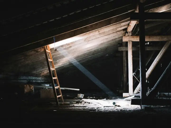 Dark attic with daylight shining in through gaps near a ladder