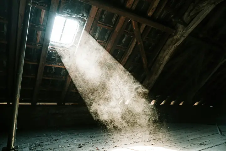 Sunlight streaming into a dusty wooden attic