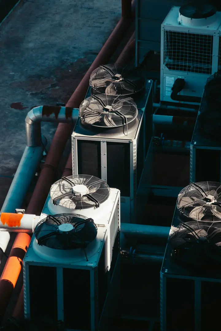 Rooftop HVAC condensing units with large circular fans