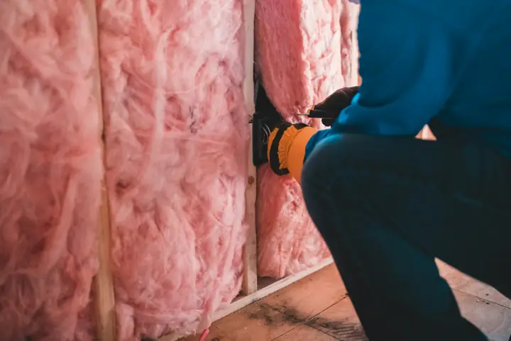 Installer fitting pink fiberglass insulation batts between wall studs